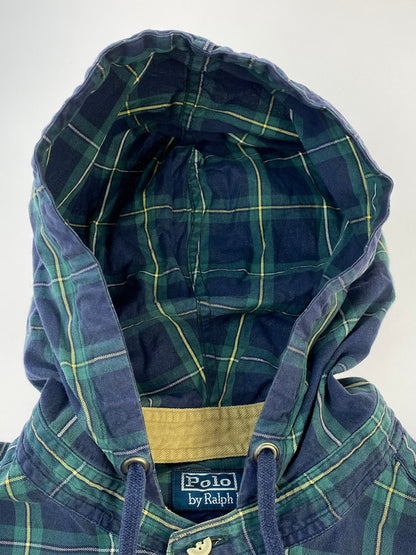 【中古品】【メンズ】 POLO RALPH LAUREN ポロ・ラルフローレン 90S CHECK BUTTON UP HOODIE チェックボタンフーディ 長袖パーカー チェックシャツ 146-260910-ta-05-min サイズ：XXL カラー：グリーン/ネイビー系 万代Net店