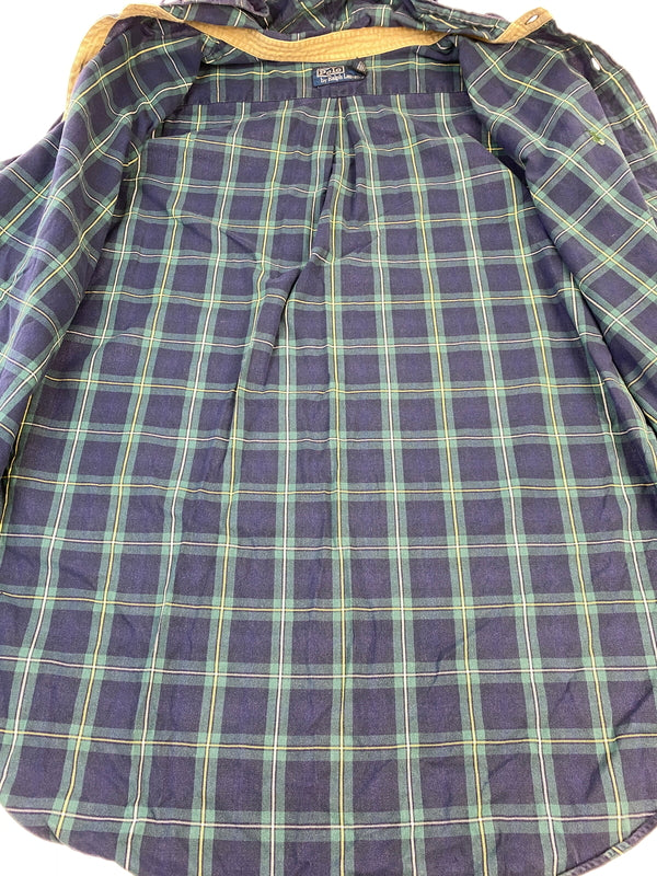 【中古品】【メンズ】 POLO RALPH LAUREN ポロ・ラルフローレン 90S CHECK BUTTON UP HOODIE チェックボタンフーディ 長袖パーカー チェックシャツ 146-260910-ta-05-min サイズ：XXL カラー：グリーン/ネイビー系 万代Net店