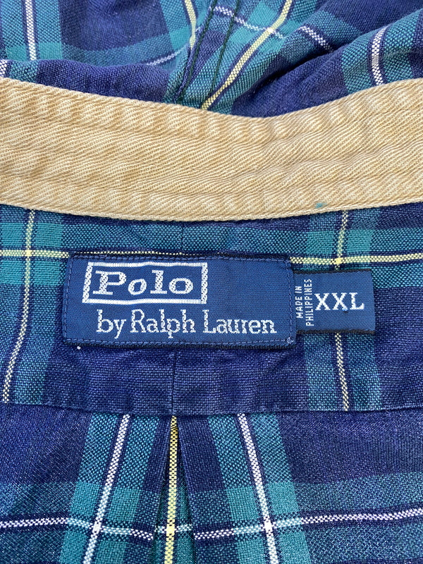 【中古品】【メンズ】 POLO RALPH LAUREN ポロ・ラルフローレン 90S CHECK BUTTON UP HOODIE チェックボタンフーディ 長袖パーカー チェックシャツ 146-260910-ta-05-min サイズ：XXL カラー：グリーン/ネイビー系 万代Net店