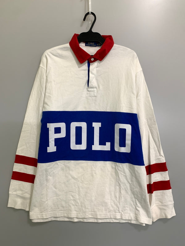 【中古品】【メンズ】 POLO RALPH LAUREN ポロ・ラルフローレン ラガーシャツ ラグビー ユニホーム コットンニットシャツ メンズ トップス 147-260823-em-18-min サイズ：XL カラー：ホワイト/ブルー/レッド 万代Net店