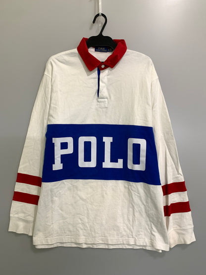 【中古品】【メンズ】 POLO RALPH LAUREN ポロ・ラルフローレン ラガーシャツ ラグビー ユニホーム コットンニットシャツ メンズ トップス 147-260823-em-18-min サイズ：XL カラー：ホワイト/ブルー/レッド 万代Net店