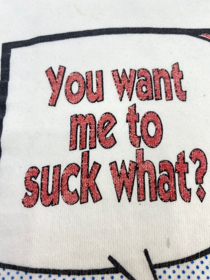 【現状渡し品】【メンズ】 USED ユーズド 80S YOU WANT ME TO SUCK WHAT ジョークTEE 80年代 プリント 半袖 Tシャツ メンズ トップス ヴィンテージ 146-260904-em-40-min サイズ：XL カラー：ホワイト 万代Net店