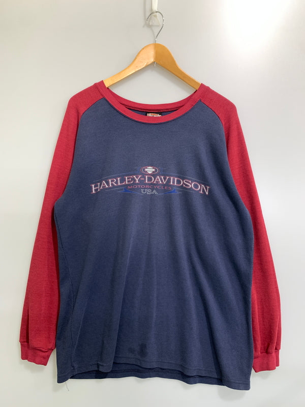 【中古品】【メンズ】 HARLEY DAVIDSON ハーレーダビッドソン USA製 REGLAN LS TEE ラグラン ロング スリーブ ティー 長袖 146-260922-hu-44-min サイズ：L カラー：ネイビー/レッド 万代Net店