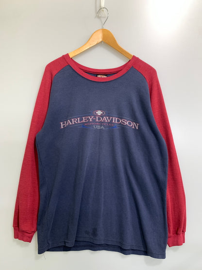 【中古品】【メンズ】 HARLEY DAVIDSON ハーレーダビッドソン USA製 REGLAN LS TEE ラグラン ロング スリーブ ティー 長袖 146-260922-hu-44-min サイズ：L カラー：ネイビー/レッド 万代Net店