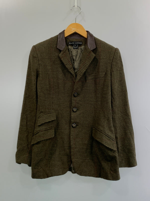 【中古品】【メンズ】 RALPH LAUREN ラルフローレン 襟レザー ウールジャケット アウター 146-260923-hu-11-min サイズ：8 カラー：カーキグリーン系（チェック） 万代Net店