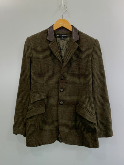 【中古品】【メンズ】 RALPH LAUREN ラルフローレン 襟レザー ウールジャケット アウター 146-260923-hu-11-min サイズ：8 カラー：カーキグリーン系（チェック） 万代Net店