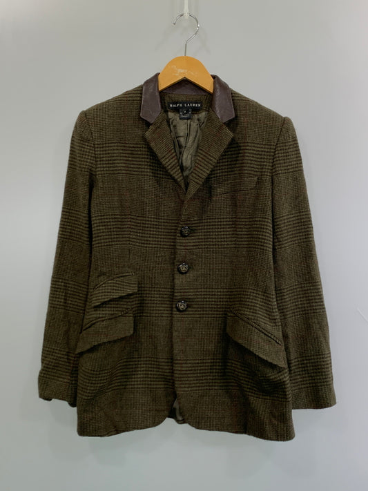 【中古品】【メンズ】 RALPH LAUREN ラルフローレン 襟レザー ウールジャケット アウター 146-260923-hu-11-min サイズ：8 カラー：カーキグリーン系（チェック） 万代Net店