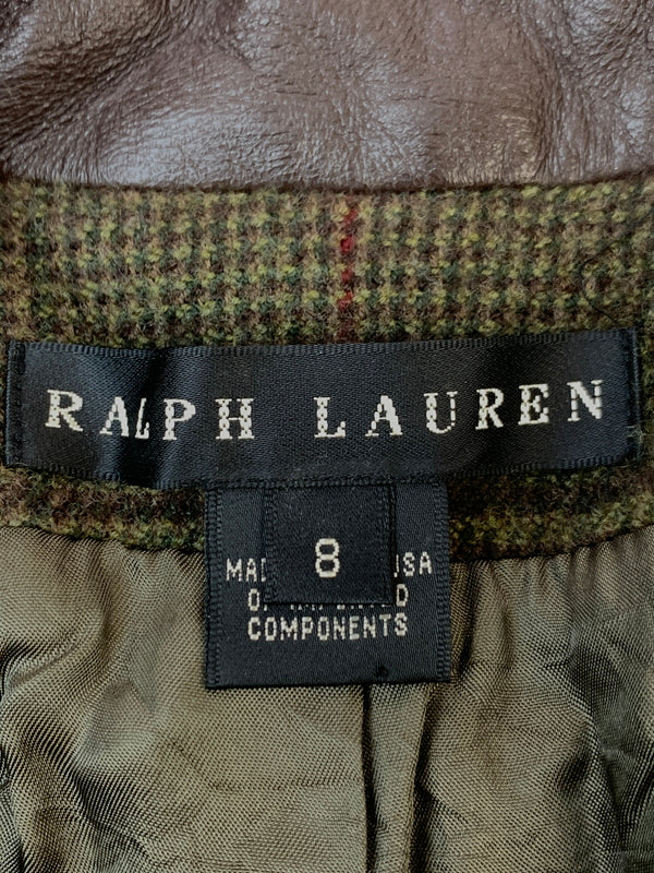 【中古品】【メンズ】 RALPH LAUREN ラルフローレン 襟レザー ウールジャケット アウター 146-260923-hu-11-min サイズ：8 カラー：カーキグリーン系（チェック） 万代Net店