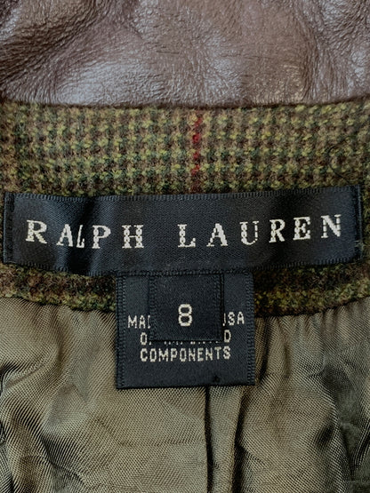 【中古品】【メンズ】 RALPH LAUREN ラルフローレン 襟レザー ウールジャケット アウター 146-260923-hu-11-min サイズ：8 カラー：カーキグリーン系（チェック） 万代Net店