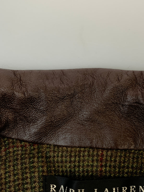 【中古品】【メンズ】 RALPH LAUREN ラルフローレン 襟レザー ウールジャケット アウター 146-260923-hu-11-min サイズ：8 カラー：カーキグリーン系（チェック） 万代Net店
