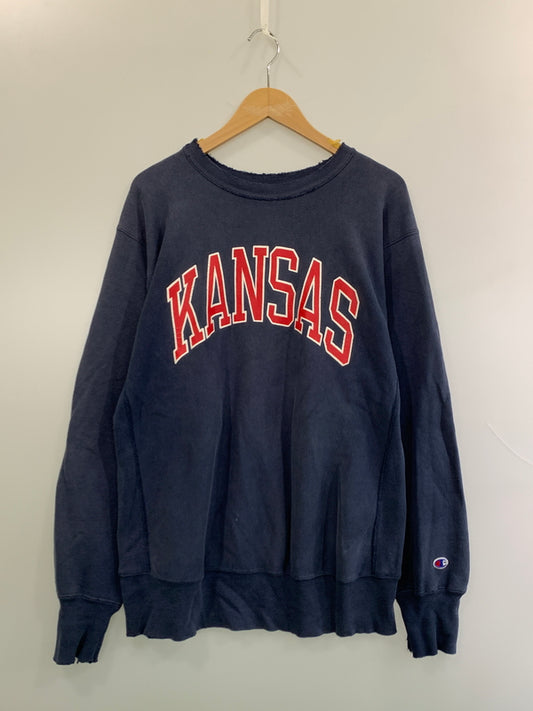 【現状渡し品】【メンズ】 CHAMPION チャンピオン 90S KANSAS REVERSEWEAVE SWEATSHIRT 90年代 カンザス リバースウィーブ スウェットシャツ ヴィンテージ トレーナー トップス 146-260923-hu-02-min サイズ：XL カラー：ネイビー 万代Net店