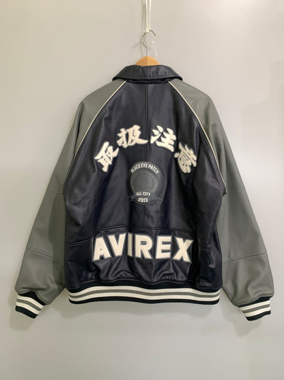 【中古品】【メンズ】 BLACK EYE PACHT ブラックアイパッチ × AVIREX アビレックス SIGNATURE VARSITY JACKET シグネチャー バーシティ ジャケット スタジャン スタジアムジャンパー 羊革 142-260925-em-33-min サイズ：XL カラー：ブラック/グレー 万代Net店