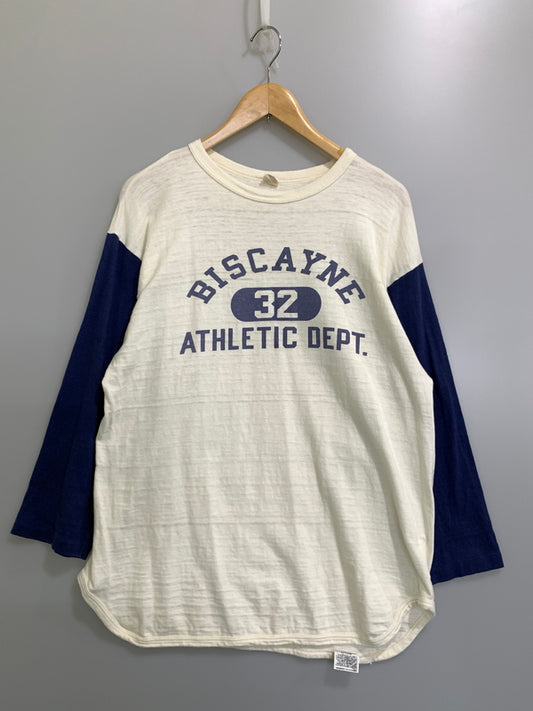 【中古品】【メンズ】 WAREHOUSE ウエアハウス BISCAYNE ベースボールシャツ トップス Tシャツ 7分丈 145-261021-jt-09-min サイズ：XL カラー：オフホワイト/ネイビー 万代Net店