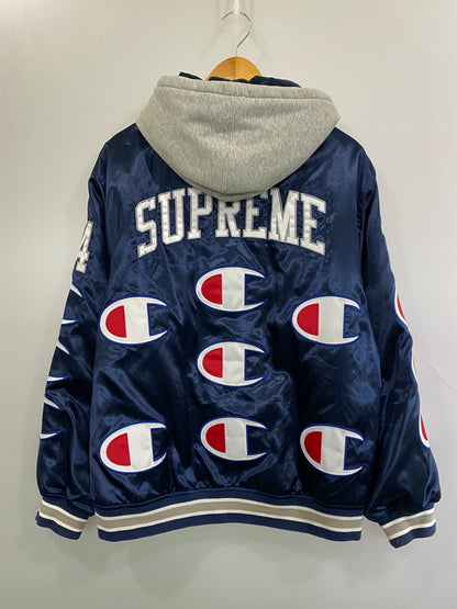 【中古品】【メンズ】 SUPREME × CHAMPION シュプリーム チャンピオン 082018 18AW HOODED SATIN VARSITY JACKET フーデットサテンバーシティ ジャケット スタジャン 149-261003-ta-22-min サイズ：L カラー：ネイビー 万代Net店