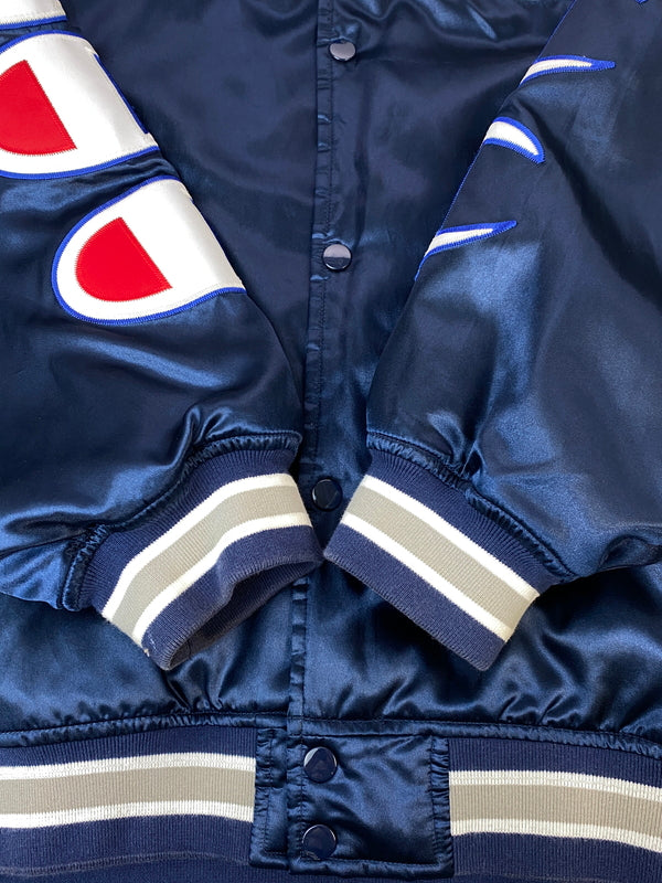 【中古品】【メンズ】 SUPREME × CHAMPION シュプリーム チャンピオン 082018 18AW HOODED SATIN VARSITY JACKET フーデットサテンバーシティ ジャケット スタジャン 149-261003-ta-22-min サイズ：L カラー：ネイビー 万代Net店