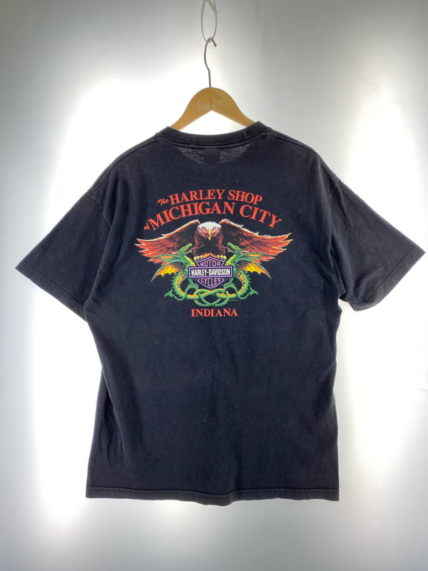 【中古品】【メンズ】 HARLEY-DAVIDSON ハーレーダビッドソン 00S MICHIGAN CITY TEE 00年代 ショートスリーブ 半袖 Tシャツ メンズ トップス ヴィンテージ 146-261005-em-12-min サイズ：L カラー：ブラック 万代Net店