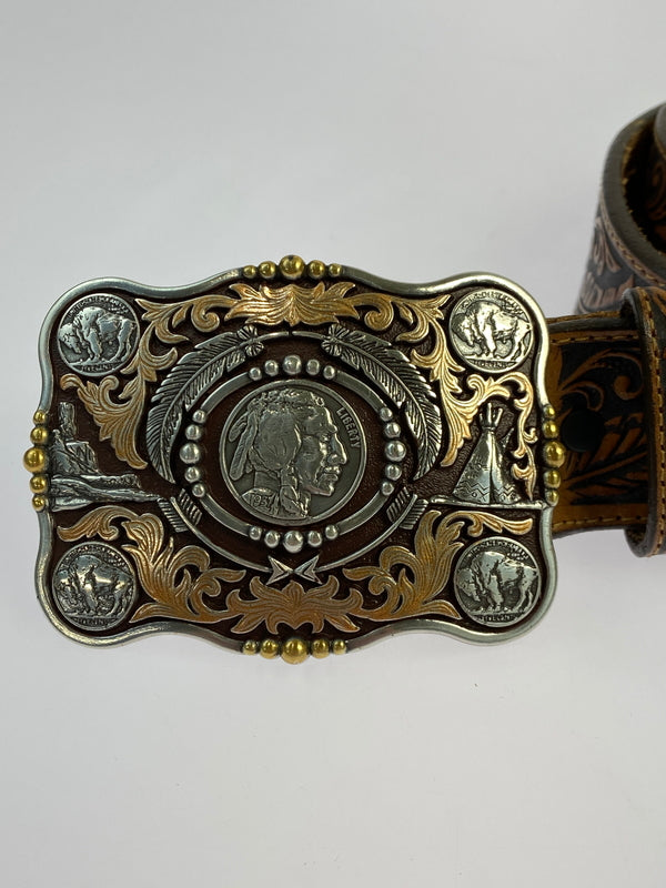 【中古品】【メンズ】 JUSTIN ジャスティン ウエスタンベルト アクセサリー 小物 205-261011-hu-29-min カラー：ブラウン/シルバー 万代Net店