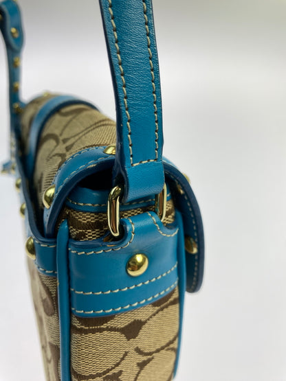 【現状渡し品】【レディース】 COACH コーチ シグネチャー ソーホー ショルダーバッグ 9758 レディース カバン 180-261025-em-13-min カラー：ブラウン × ターコイズブルー（金具：ゴールド） 万代Net店