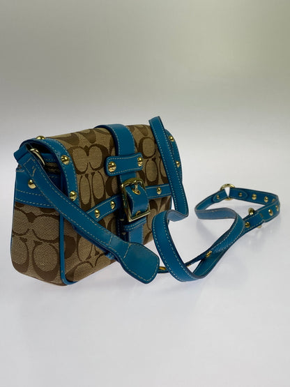 【現状渡し品】【レディース】 COACH コーチ シグネチャー ソーホー ショルダーバッグ 9758 レディース カバン 180-261025-em-13-min カラー：ブラウン × ターコイズブルー（金具：ゴールド） 万代Net店