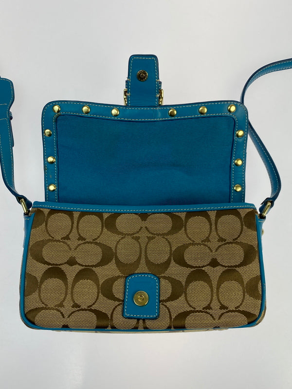 【現状渡し品】【レディース】 COACH コーチ シグネチャー ソーホー ショルダーバッグ 9758 レディース カバン 180-261025-em-13-min カラー：ブラウン × ターコイズブルー（金具：ゴールド） 万代Net店