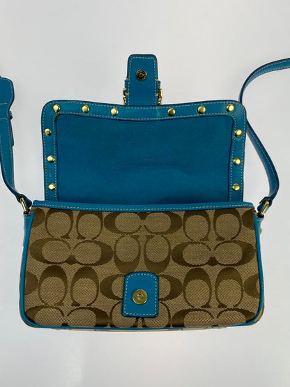 【現状渡し品】【レディース】 COACH コーチ シグネチャー ソーホー ショルダーバッグ 9758 レディース カバン 180-261025-em-13-min カラー：ブラウン × ターコイズブルー（金具：ゴールド） 万代Net店
