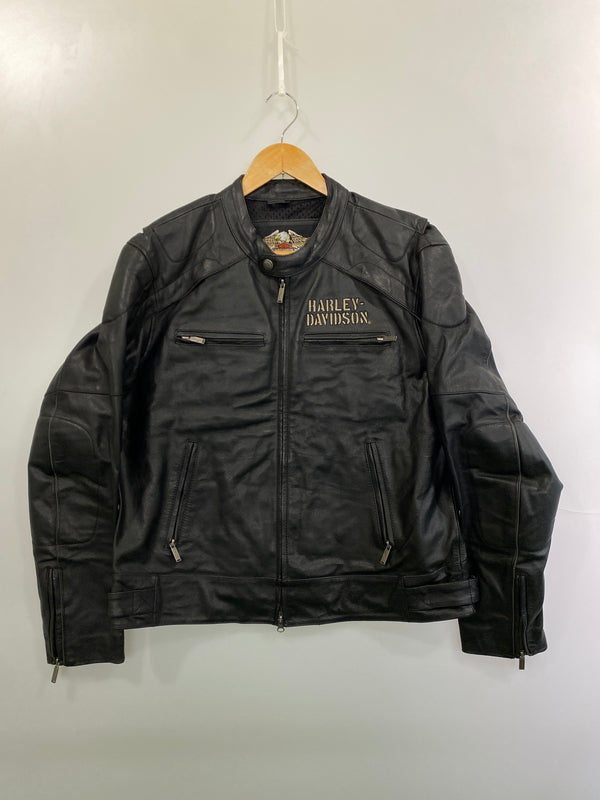 【中古品】【メンズ】 HARLEY-DAVIDSON ハーレーダビッドソン シングル ライダース ジャケット メンズ アウター バイク フルジップ 革ジャン 145-261015-em-09-min サイズ：M カラー：ブラック 万代Net店