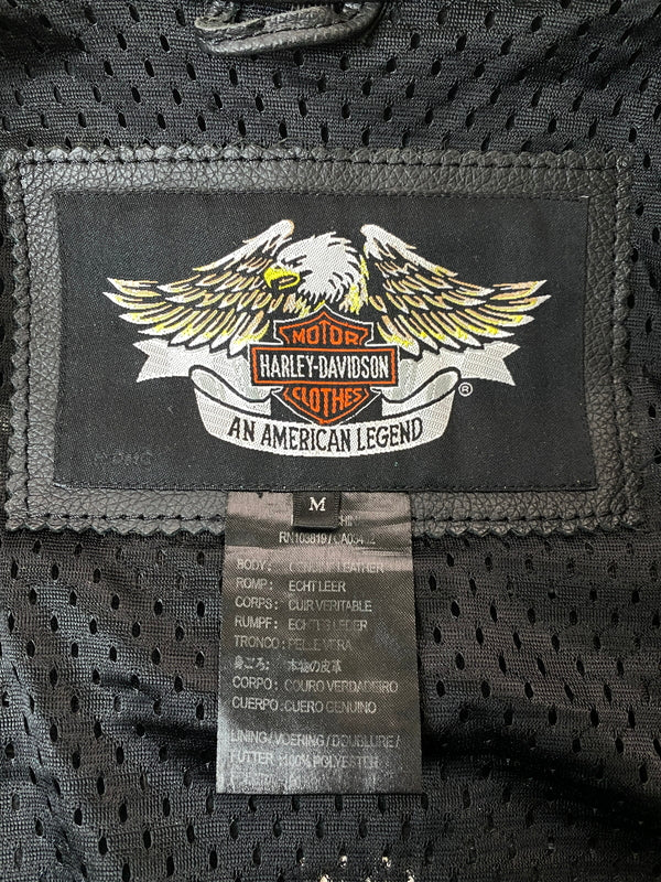 【中古品】【メンズ】 HARLEY-DAVIDSON ハーレーダビッドソン シングル ライダース ジャケット メンズ アウター バイク フルジップ 革ジャン 145-261015-em-09-min サイズ：M カラー：ブラック 万代Net店