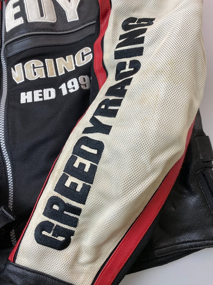 【中古品】【メンズ】 GREEDY グリーディー バイクジャケット ライディングジャケット ライダーズ メッシュ 刺繍 ワッペン 146-261016-em-22-min サイズ：M カラー：ホワイト/ブラック 万代Net店