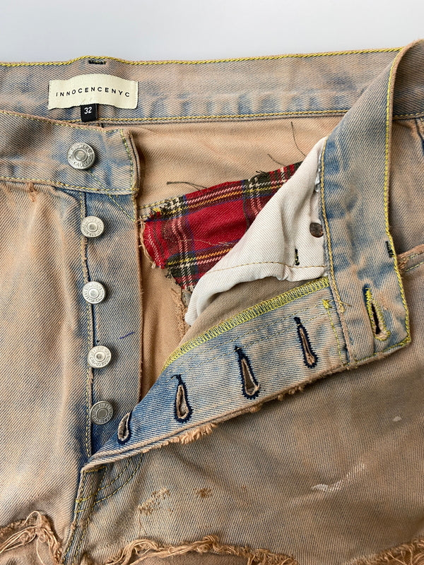 【中古品】【メンズ】 INNOCENCENYC イノセンス ニューヨーク DENIM PANT デニム パンツ メンズ ボトムス ジーパン ジーンズ リメイク ハンドメイド 153-261015-em-14-min サイズ：32 カラー：インディゴ（ライトオレンジ系） 万代Net店
