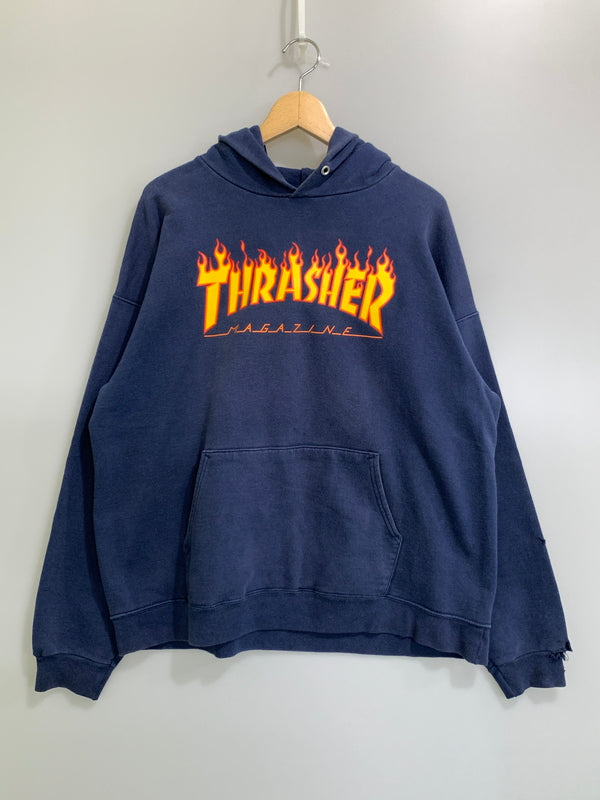 【中古品】【メンズ】 THRASHER スラッシャー 2000年 FLAME LOGO HODIE フレイム ロゴフーディ トップス パーカー 146-261021-jt-02-min サイズ：L カラー：ネイビー 万代Net店