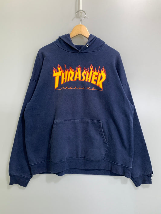 【中古品】【メンズ】 THRASHER スラッシャー 2000年 FLAME LOGO HODIE フレイム ロゴフーディ トップス パーカー 146-261021-jt-02-min サイズ：L カラー：ネイビー 万代Net店
