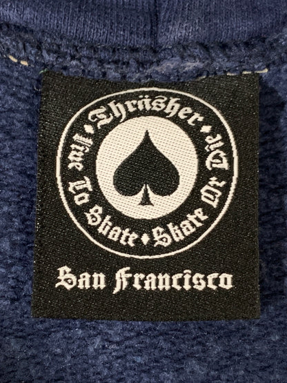 【中古品】【メンズ】 THRASHER スラッシャー 2000年 FLAME LOGO HODIE フレイム ロゴフーディ トップス パーカー 146-261021-jt-02-min サイズ：L カラー：ネイビー 万代Net店