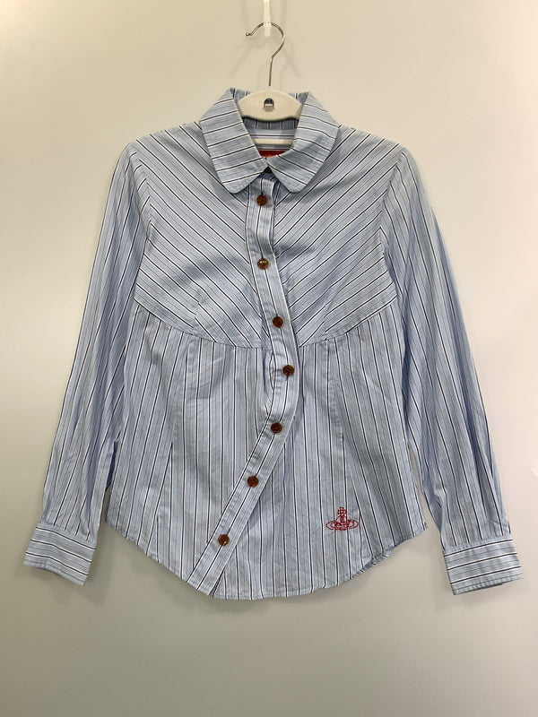 【中古品】【レディース】 VIVIENNE WESTWOOD RED LABEL ヴィヴィアン ウエストウッド レッド レーベル STRIPE SHIRT ストライプ シャツ 長袖 ロングスリーブ トップス 170-261028-hu-35-min サイズ：2 カラー：ライトブルー系 万代Net店