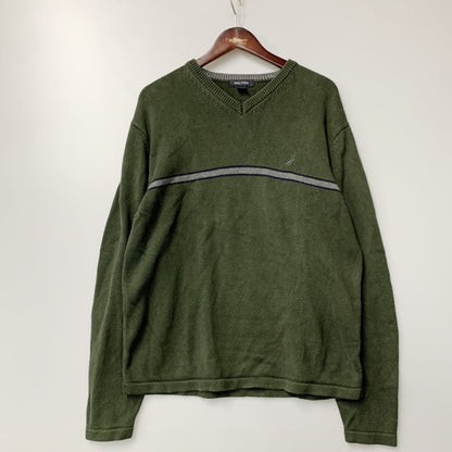 【中古品】【メンズ】 NAUTICA ノーティカ COTTON KNIT コットンニット セーター 刺繍 トップス 146-240412-ay-03-izu サイズ：L カラー：グリーン 万代Net店