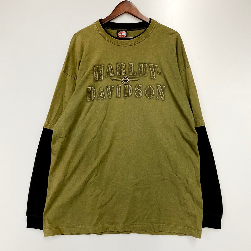 【中古品】【メンズ】 HARLEY DAVIDSON ハーレーダビッドソン 00S LS LAYERED TEE レイヤードTシャツ 長袖 USA製 カットソー トップス 145-240628-ay-18-izu サイズ：XL カラー：ブラウン系×ブラック 万代Net店