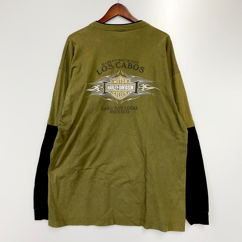 【中古品】【メンズ】 HARLEY DAVIDSON ハーレーダビッドソン 00S LS LAYERED TEE レイヤードTシャツ 長袖 USA製 カットソー トップス 145-240628-ay-18-izu サイズ：XL カラー：ブラウン系×ブラック 万代Net店