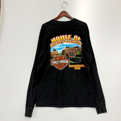 【中古品】【メンズ】 HARLEY DAVIDSON ハーレーダビッドソン L/S TEE c2013 長袖Tシャツ プリント ロゴ メキシコ製 トップス 146-240701-ay-24-izu サイズ：XL カラー：ブラック 万代Net店