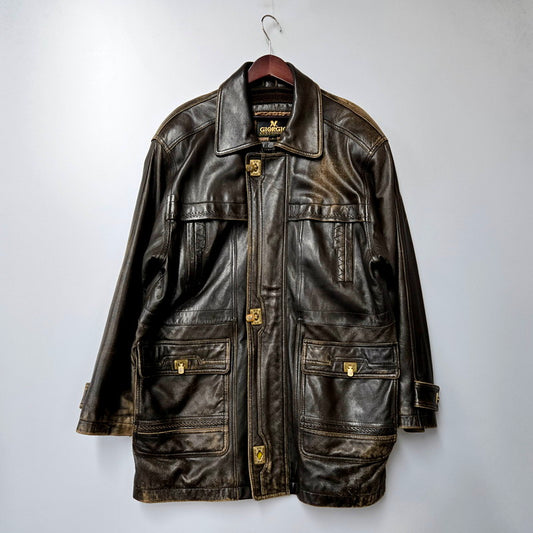 【現状渡し品】【メンズ】 GIORGIO LEATHER COAT ジョルジオ レザーコート ロング ジャケット アウター 146-240730-ay-22-izu サイズ：L カラー：ブラウン 万代Net店