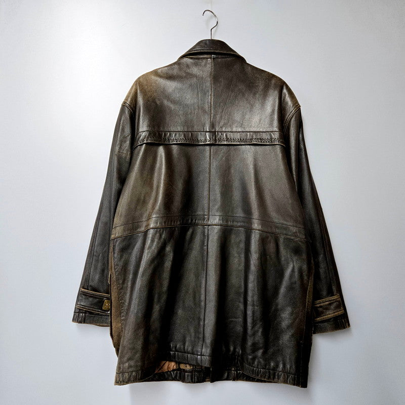 【現状渡し品】【メンズ】  GIORGIO LEATHER COAT ジョルジオ レザーコート ロング ジャケット アウター 146-240730-ay-22-izu サイズ：L カラー：ブラウン 万代Net店