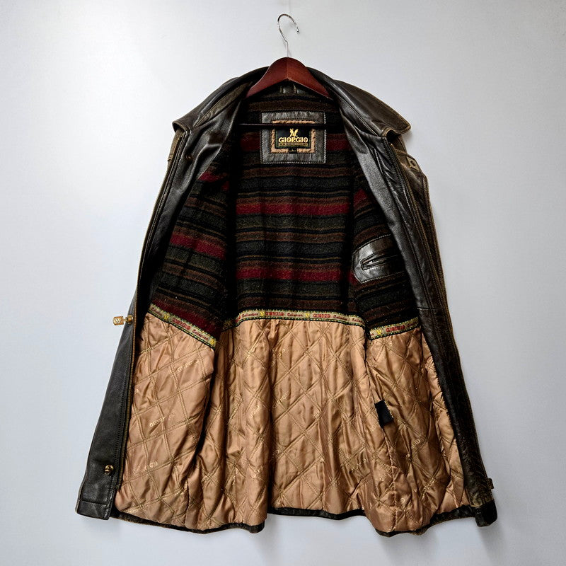 【現状渡し品】【メンズ】 GIORGIO LEATHER COAT ジョルジオ レザーコート ロング ジャケット アウター 146-240730-ay-22-izu サイズ：L カラー：ブラウン 万代Net店