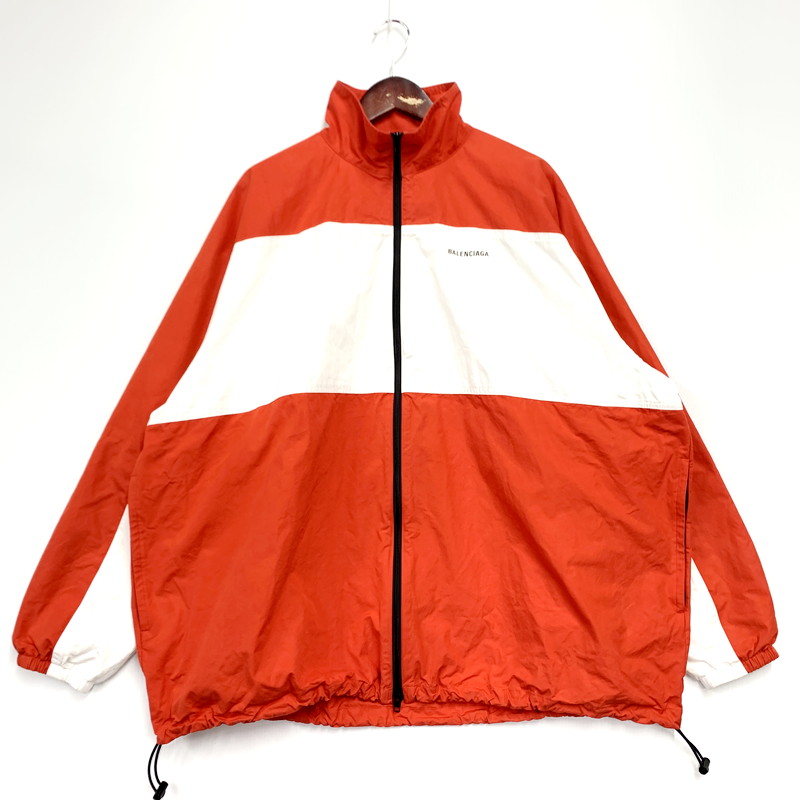 【中古品】【メンズ】 BALENCIAGA バレンシアガ 19AW COLOUR BLOCK LOGO PRINT COTTON POPLIN TRACK JACKET 571434 トラックジャケット ロゴ プリント 刺繍 アウター 141-240913-ay-12-izu サイズ：44 カラー：レッド×ホワイト 万代Net店