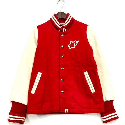 【中古品】【メンズ】 A BATHING APE アベイシングエイプ 001HJ0302501 WOOL STADIUM JACKET 日本製 ウールスタジアムジャケット アウター 長袖 142-241223-ma-22-izu サイズ：XS カラー：赤 万代Net店