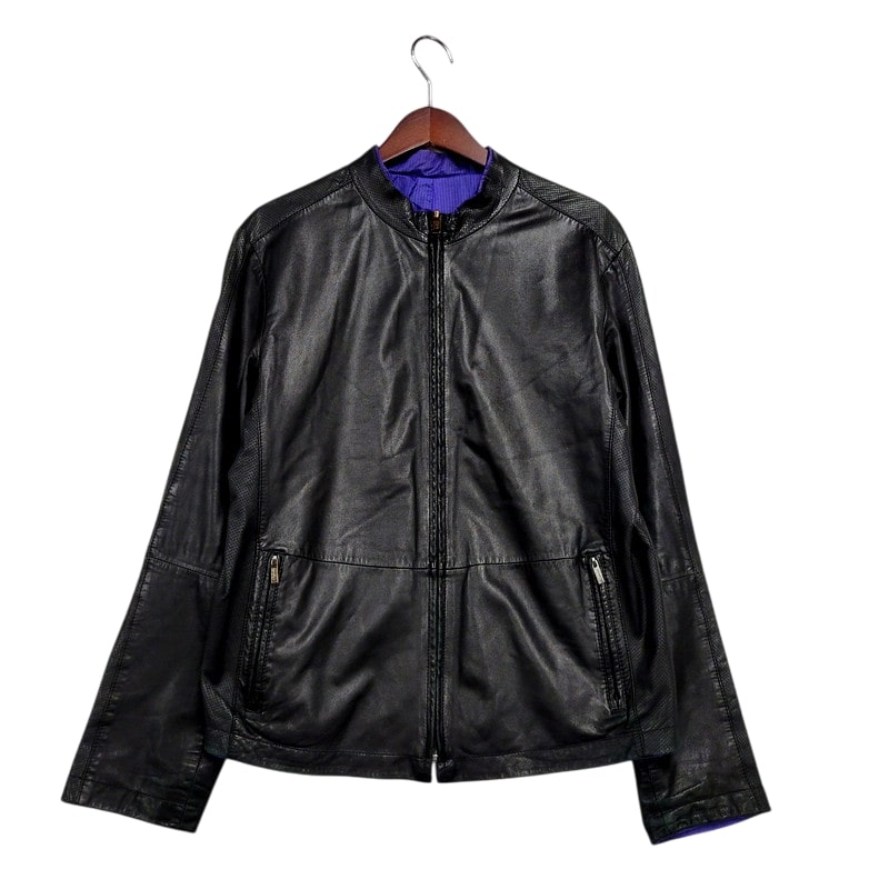 【現状渡し品】【メンズ】 ARMANI COLLEZIONI アルマーニコレッツォーニ LAMBSKIN LEATHER REVERSIBLE JACKET ラムスキン レザー リバーシブル ジャケット アウター 141-250113-as-29-izu サイズ：52 カラー：ブラック/パープル 万代Net店