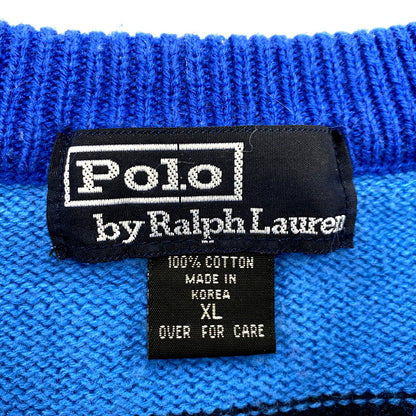 【中古品】【メンズ】 POLO RALPH LAUREN ポロ・ラルフローレン 90S COTTON BORDER KNIT 90年代 コットンボーダーニット トップス 長袖 146-250118-ma-12-izu サイズ：XL カラー：青 万代Net店