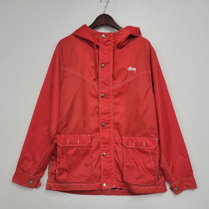 【中古品】【メンズ】  OLD STUSSY オールド ステューシー IRIE FOR LIFE HOODED NYLON COVERALL JACKET フーディ ナイロン カバーオール ジャケット アウター 142-250120-mm-3-izu サイズ：L カラー：レッド 赤 万代Net店