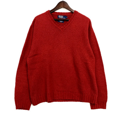 【中古品】【メンズ】 Polo by Ralph Lauren ポロバイラルフローレン 90S ALPACA BLEND ELBOW PATCH V-NECK KNIT SWEATER アルパカブレンド エルボーパッチ Vネック ニットセーター ペルー製 長袖 トップス 146-250225-as-11-izu サイズ：M カラー：レッド 万代Net店