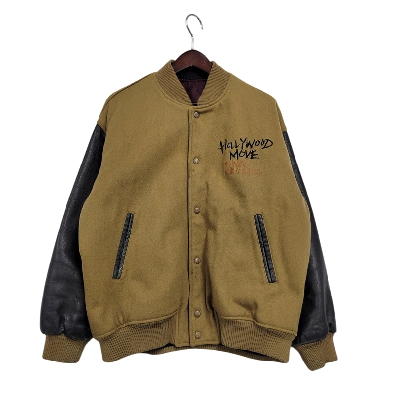 【現状渡し品】【メンズ】 USED HOLLYWOOD MOVE VERSITY JACKET ユーズド バーシティジャケット スタジャン 袖レザー ロゴ 刺繍 アウター 146-250408-ay-02-izu サイズ：F カラー：ブラウン×ブラック 万代Net店