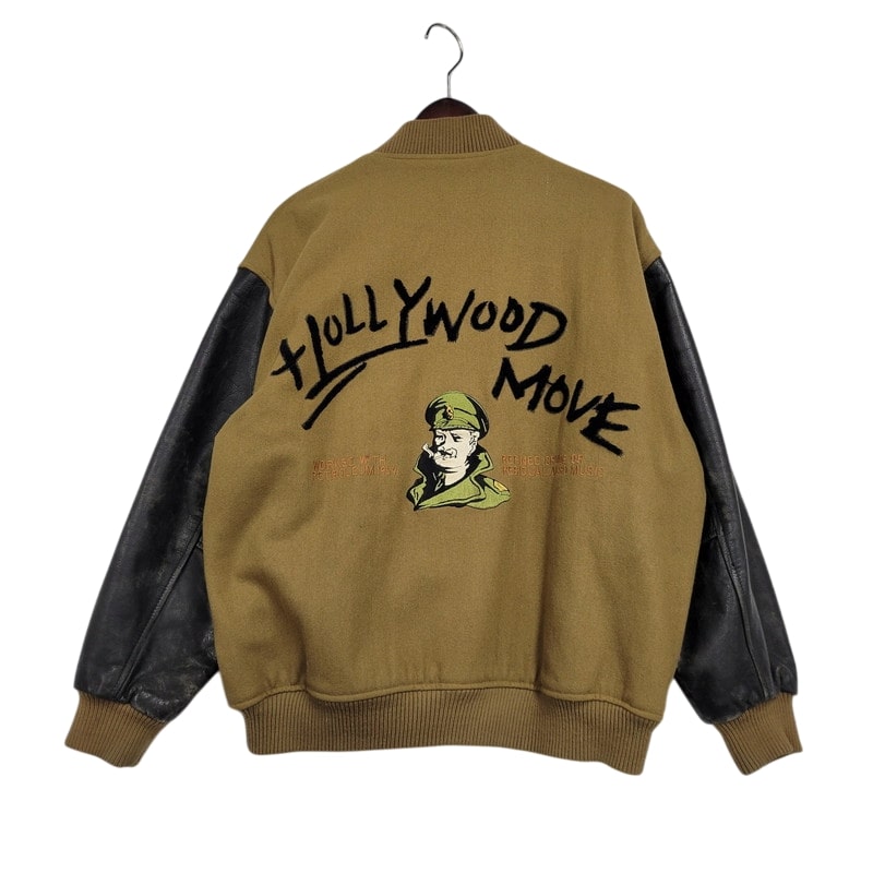 【現状渡し品】【メンズ】 USED HOLLYWOOD MOVE VERSITY JACKET ユーズド バーシティジャケット スタジャン 袖レザー ロゴ 刺繍 アウター 146-250408-ay-02-izu サイズ：F カラー：ブラウン×ブラック 万代Net店