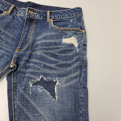 【中古品】【メンズ】 1piu1uguale3 RELAX ウノピゥウノウグァーレトレ リラックス LOGO APPLIQUE DISTRESSED DENIM PANTS USB-24008 ロゴ アップリケ ディストレスド デニムパンツ ジーンズ ボトムス 151-250508-as-14-izu サイズ：XXL カラー：インディゴ 万代Net店