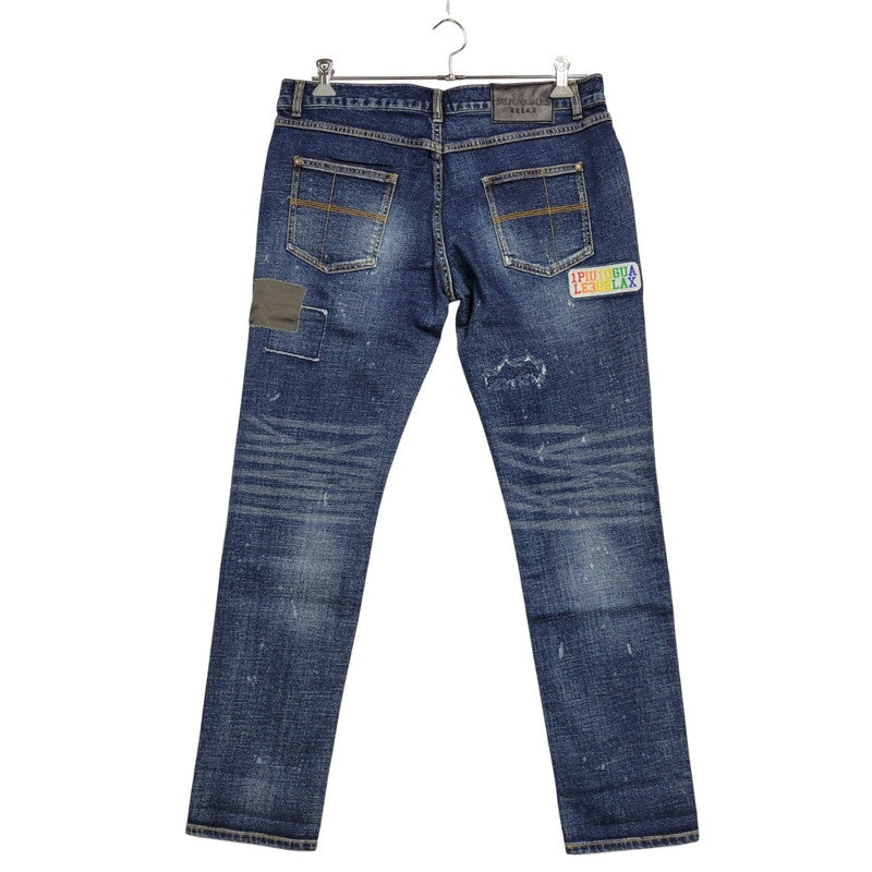 【中古品】【メンズ】 1piu1uguale3 RELAX ウノピゥウノウグァーレトレ リラックス LOGO APPLIQUE DISTRESSED DENIM PANTS USB-24008 ロゴ アップリケ ディストレスド デニムパンツ ジーンズ ボトムス 151-250508-as-14-izu サイズ：XXL カラー：インディゴ 万代Net店